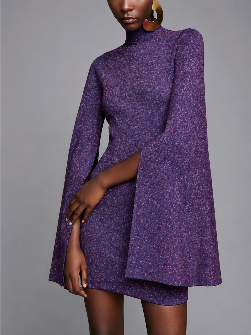 Solace London Alula Metallic Split Wide Sleeve Mini Dress